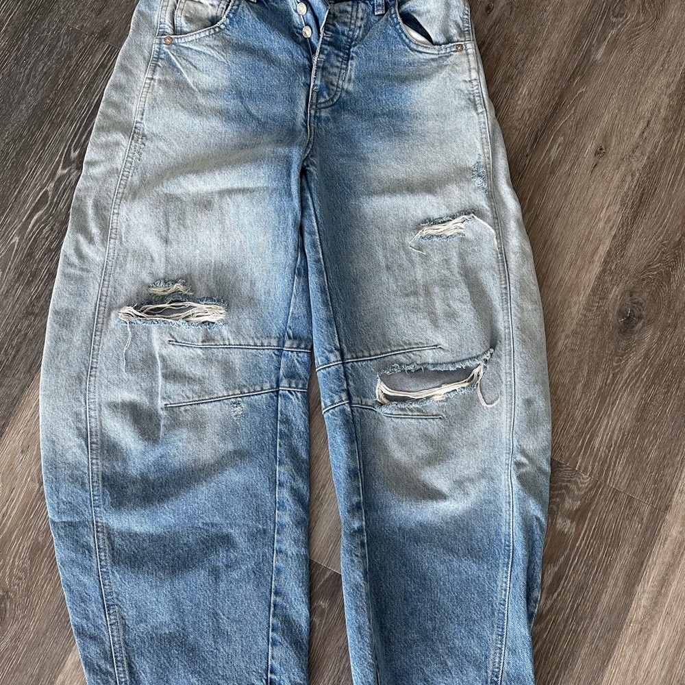 We The Free Light Blue Distressed Barrel Jeans
